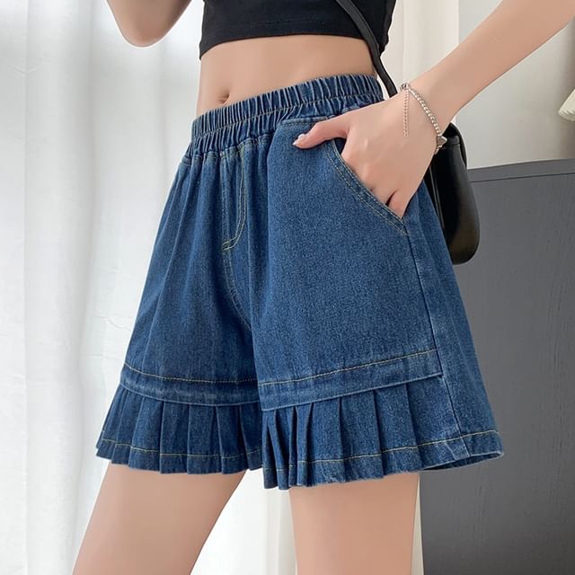 Mid Waist Pleated Denim Shorts