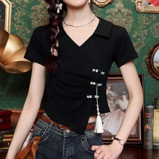 Plain Ruched Asymmetric V-Neck Frog-Buttoned Cropped Top
