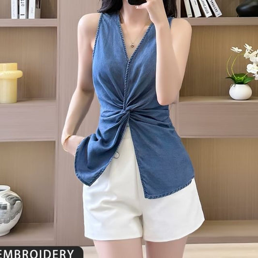 Plain Ruched Slit V-Neck Tank Top