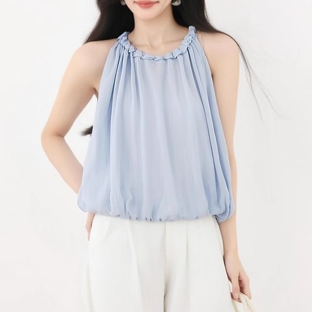 Plain Frill-Trimmed Puff-Hem Halter-Neck Cropped Top
