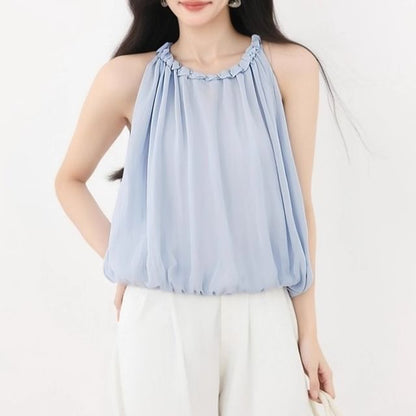 Plain Frill-Trimmed Puff-Hem Halter-Neck Cropped Top
