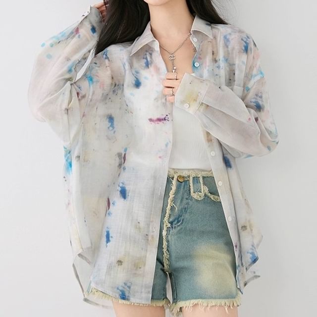 Tie-Dye Sheer Button-Up Long-Sleeved Shirt