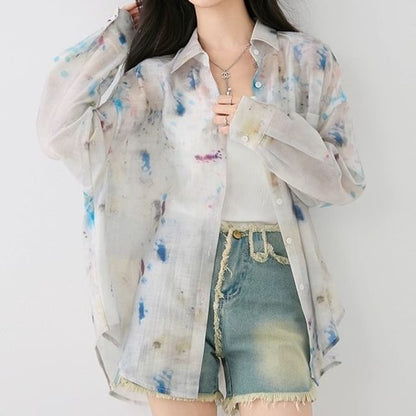 Tie-Dye Sheer Button-Up Long-Sleeved Shirt