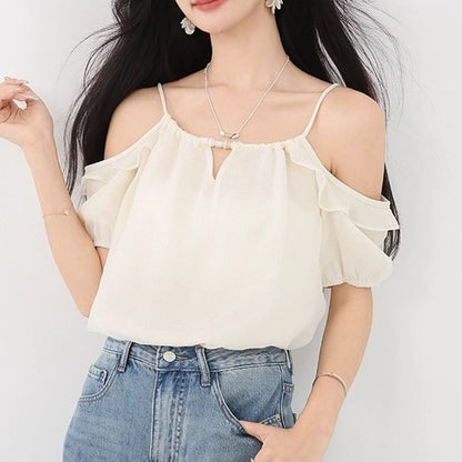 Plain Ruffle-Trimmed Cold-Shoulder Halter-Neck Blouse