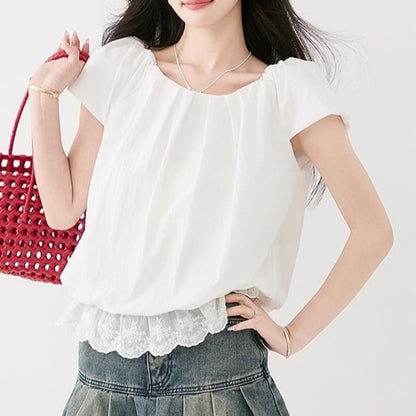Lace-Paneled Ruched Round-Neck Short-Sleeved Blouse