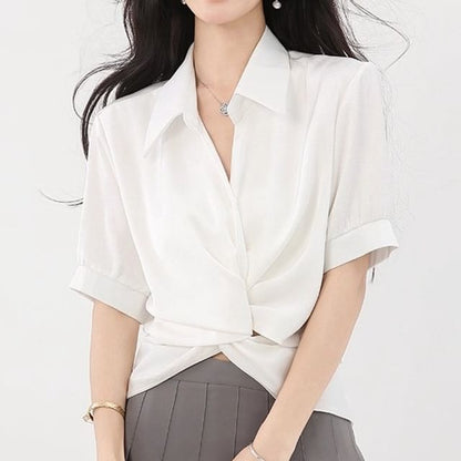 Plain Ruched Collared Elbow-Sleeved Cropped Blouse