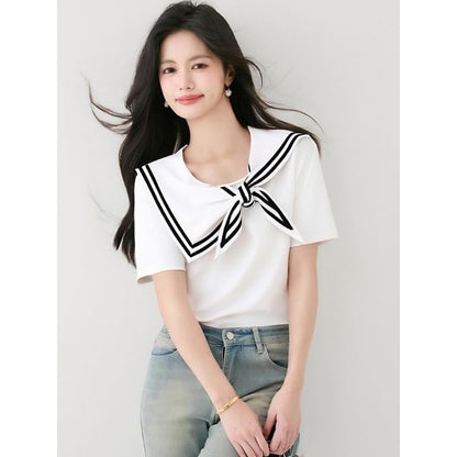 Striped Trimmed Sailor-Collar Asymmetric Short-Sleeved Tee