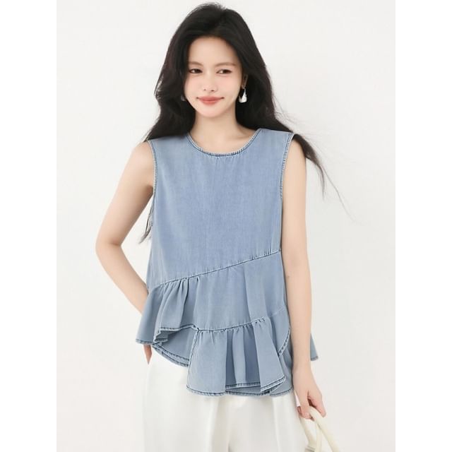 Denim Ruffle-Trimmed Asymmetric Round-Neck Tank Top