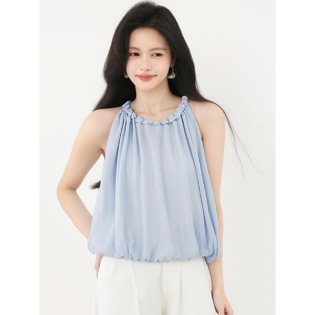 Plain Frill-Trimmed Puff-Hem Halter-Neck Cropped Top