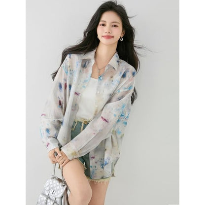 Tie-Dye Sheer Button-Up Long-Sleeved Shirt