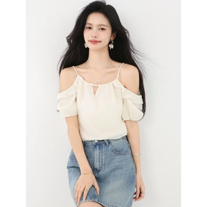 Plain Ruffle-Trimmed Cold-Shoulder Halter-Neck Blouse