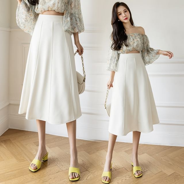 Plain Midi A-Line Skirt with High Waist