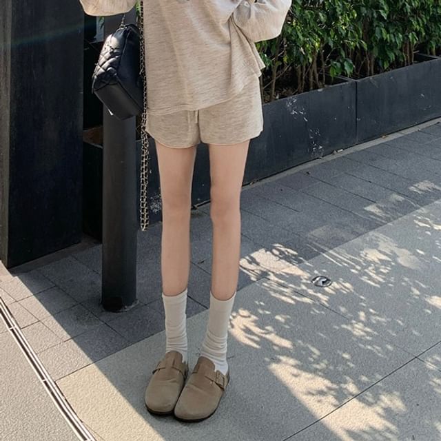 Plain Sheer Collared V-Neck Long-Sleeved Tee & Wide Shorts