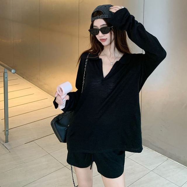 Plain Sheer Collared V-Neck Long-Sleeved Tee & Wide Shorts
