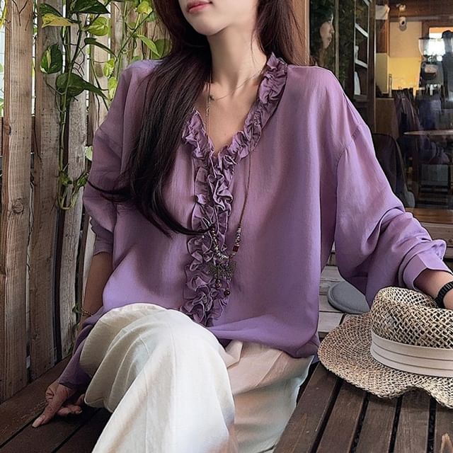 Plain Frill-Trimmed Button-Up V-Neck Long-Sleeved Blouse