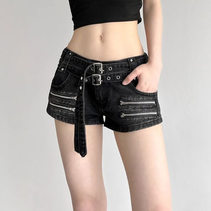 Low Rise Washed Zip Detail Denim Shorts