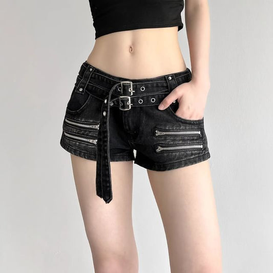 Low Rise Washed Zip Detail Denim Shorts