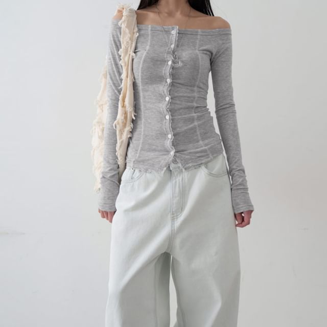 Off-Shoulder Lace Trim Long Sleeve Button Top