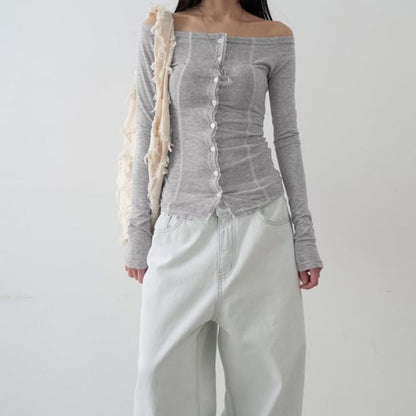 Off-Shoulder Lace Trim Long Sleeve Button Top