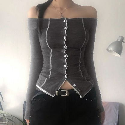 Off-Shoulder Lace Trim Long Sleeve Button Top