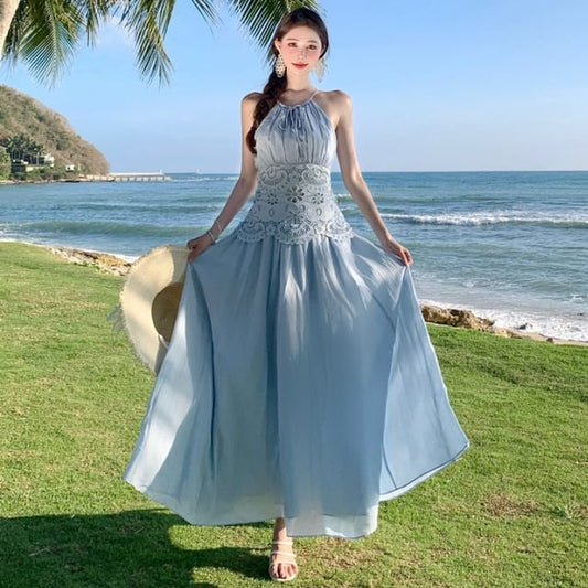 Sleeveless Sheer A-Line Maxi Dress - Altfashion Shop