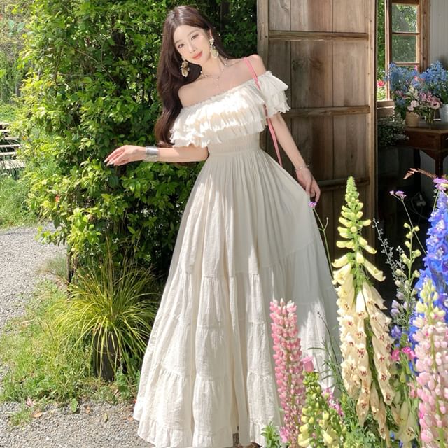 Off-Shoulder Short-Sleeve Maxi Dress - Altfashion Shop