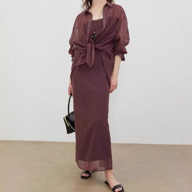Sheer Shirt Over Spaghetti Strap Maxi Dress - Altfashion Shop