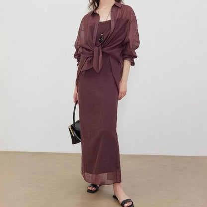 Sheer Shirt Over Spaghetti Strap Maxi Dress - Altfashion Shop