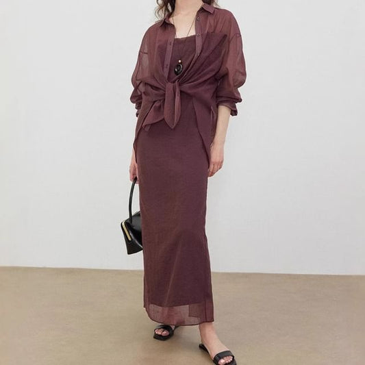 Sheer Shirt Over Spaghetti Strap Maxi Dress - Altfashion Shop