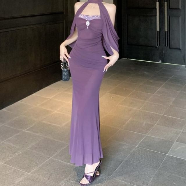 Strapless Rhinestone Sheath Maxi Dress - Altfashion Shop