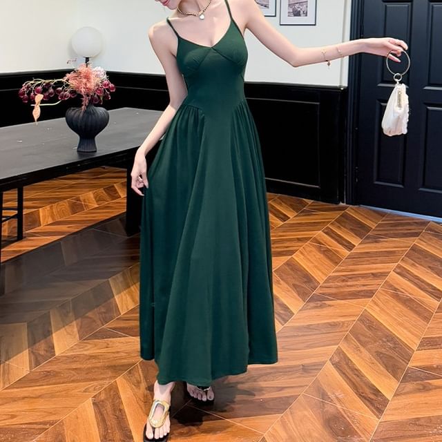 Spaghetti Strap V-Neck A-Line Maxi Dress - Altfashion Shop