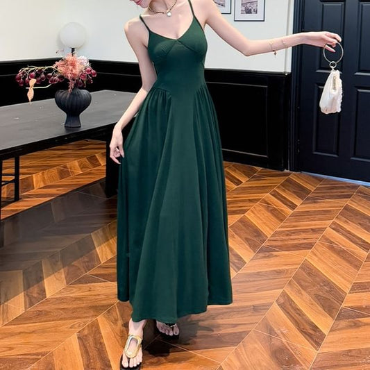 Spaghetti Strap V-Neck A-Line Maxi Dress - Altfashion Shop