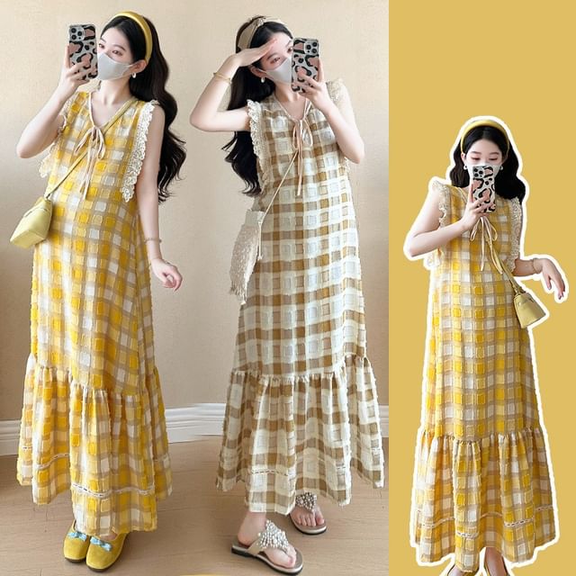Maternity V-Neck Plaid Ruffle A-Line Dress - Altfashion Shop