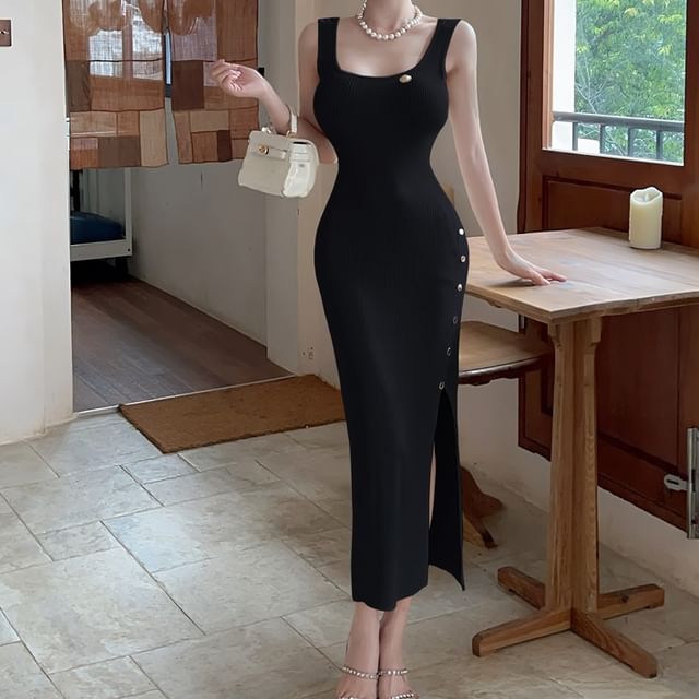 Square Neck Ribbed Knit Button Slit Dress - Altfashion Shop