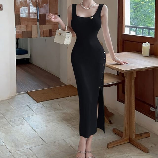 Square Neck Ribbed Knit Button Slit Dress - Altfashion Shop