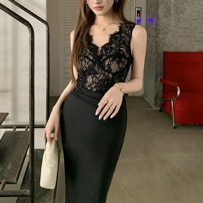Lace Panel Satin V-Neck Sheath Dress - Altfashion Shop