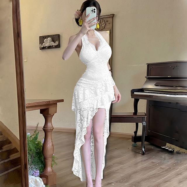 Halter Ruffle Asymmetrical Lace Sheath Dress - Altfashion Shop