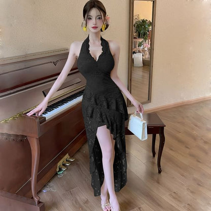 Halter Ruffle Asymmetrical Lace Sheath Dress - Altfashion Shop