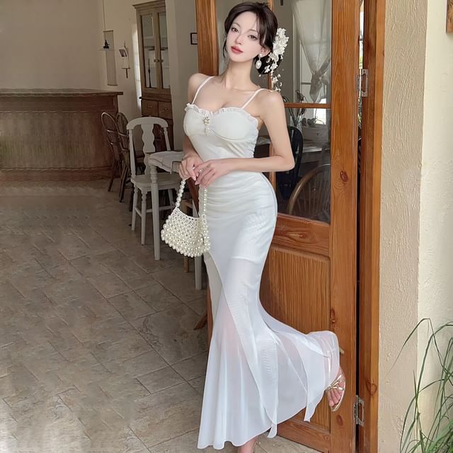 Rhinestone Frill Mesh Spaghetti Strap Dress - Altfashion Shop
