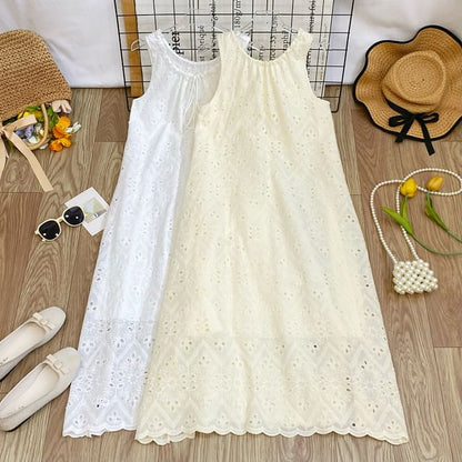 Perforated Crew Neck Sleeveless A-Line Dress - Altfashion Shop