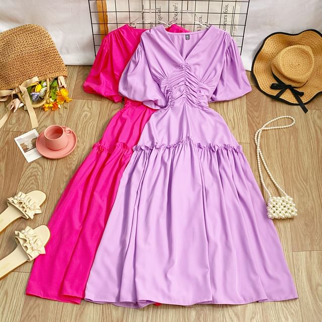 V-Neck Cinched Short-Sleeve A-Line Dress - Altfashion Shop