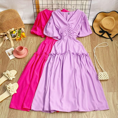 V-Neck Cinched Short-Sleeve A-Line Dress - Altfashion Shop