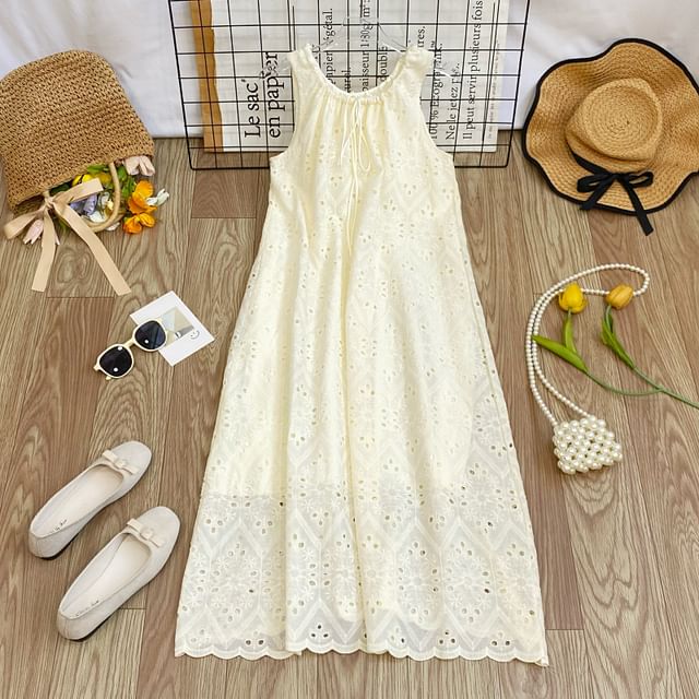 Perforated Crew Neck Sleeveless A-Line Dress - Altfashion Shop