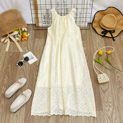 Perforated Crew Neck Sleeveless A-Line Dress - Altfashion Shop