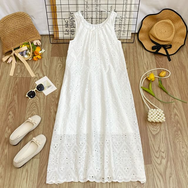 Perforated Crew Neck Sleeveless A-Line Dress - Altfashion Shop