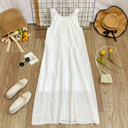 Perforated Crew Neck Sleeveless A-Line Dress - Altfashion Shop