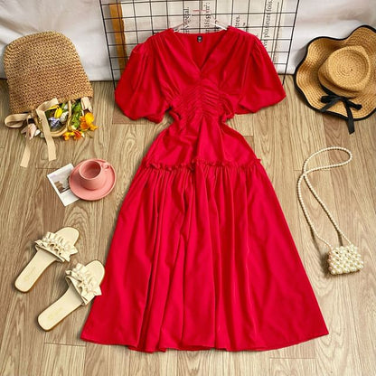V-Neck Cinched Short-Sleeve A-Line Dress - Altfashion Shop