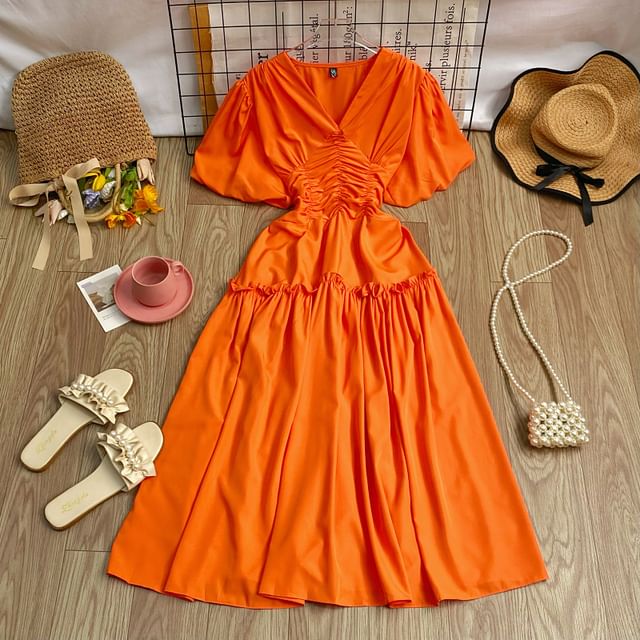 V-Neck Cinched Short-Sleeve A-Line Dress - Altfashion Shop