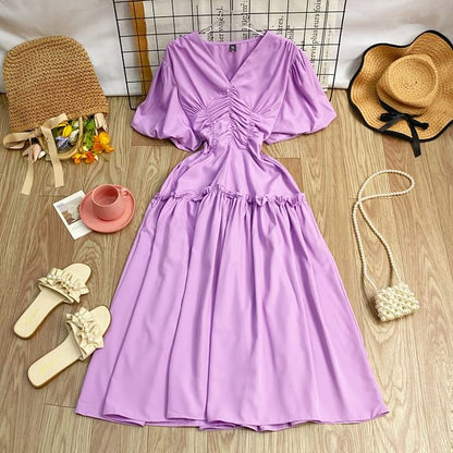 V-Neck Cinched Short-Sleeve A-Line Dress - Altfashion Shop