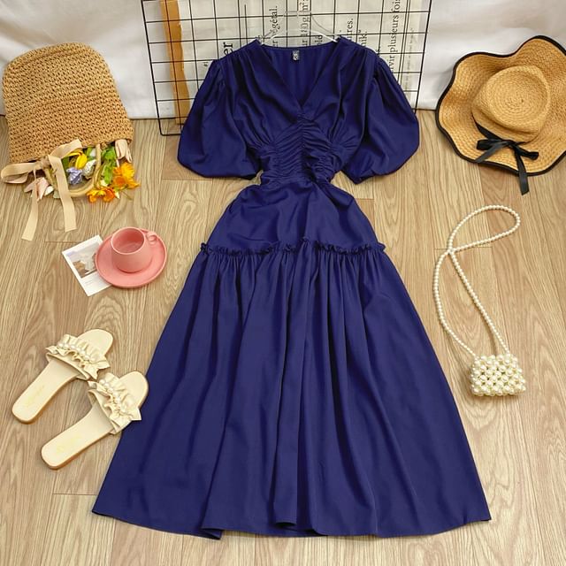 V-Neck Cinched Short-Sleeve A-Line Dress - Altfashion Shop
